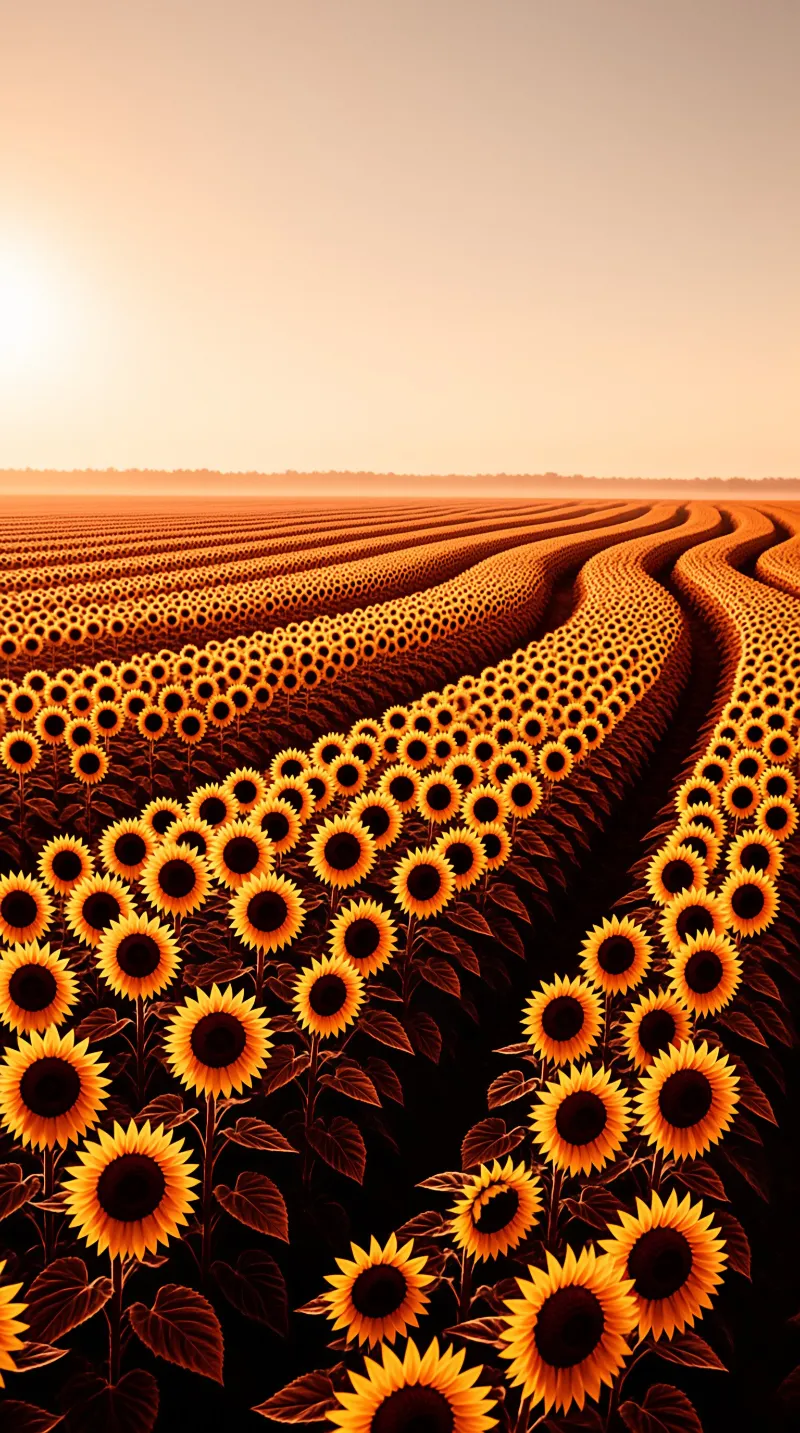Endless rows of sunflowers create a textured pattern across a field glowing with warm orange sunlight near the horizon.