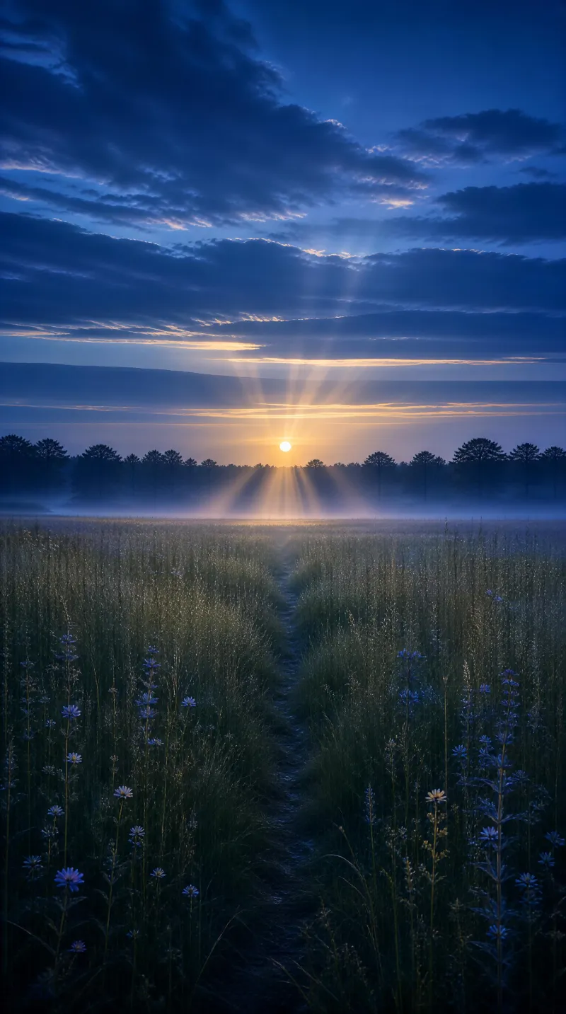 Sunrise Over Misty Field