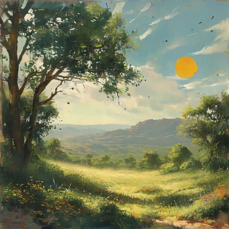 A painterly landscape depicting a sunlit valley with wildflowers, oak trees, hazy distant mountains under a partly cloudy sky with a bright yellow sun.