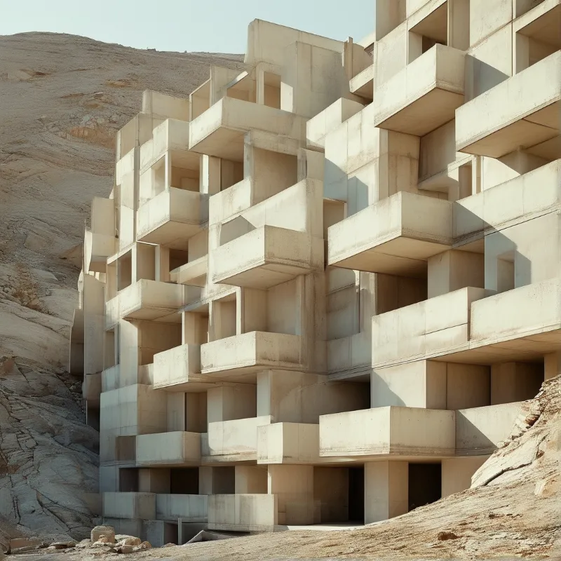 Modular concrete living units are built into sloping desert bedrock, with sharp dark shadows across their facades in bright sun.