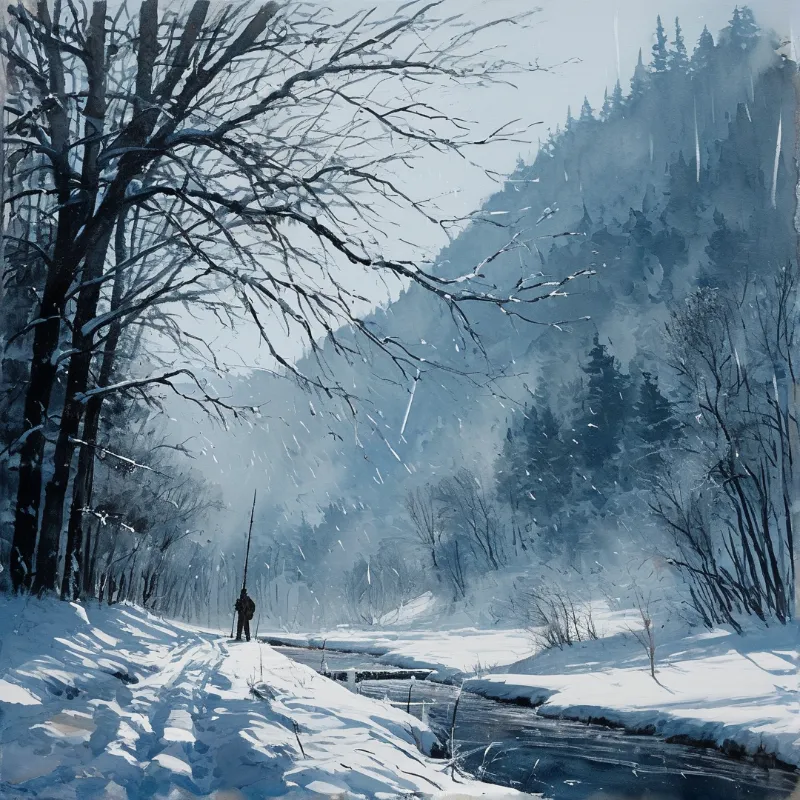 A lone figure stands beside a partially frozen river surrounded by snow-covered trees under overcast skies