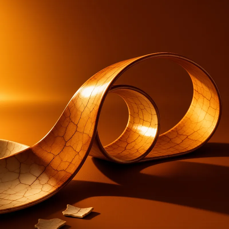 Twisted cracked ceramic ribbon sits on a surface lit by warm orange light casting shadows across a uniform background.