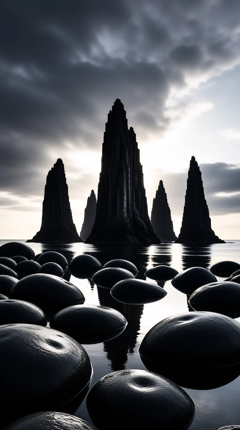 Dark jagged rock spires emerge from the sea while smooth black pebbles float on the surface.