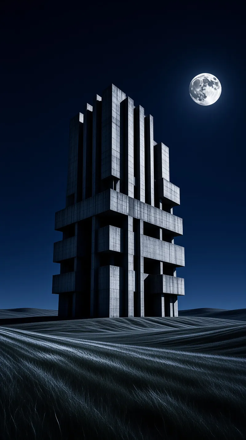 Blocky concrete brutalist tower standing in windswept dark grass beneath a bright full moon in a deep blue night sky