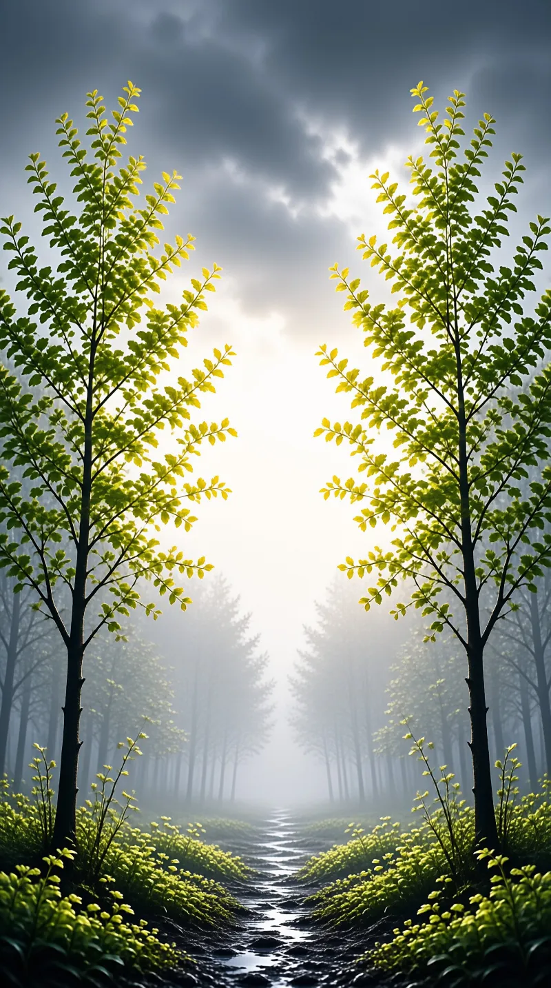 Two tall trees frame a dark path leading toward a bright sunlit opening in a foggy forest landscape.