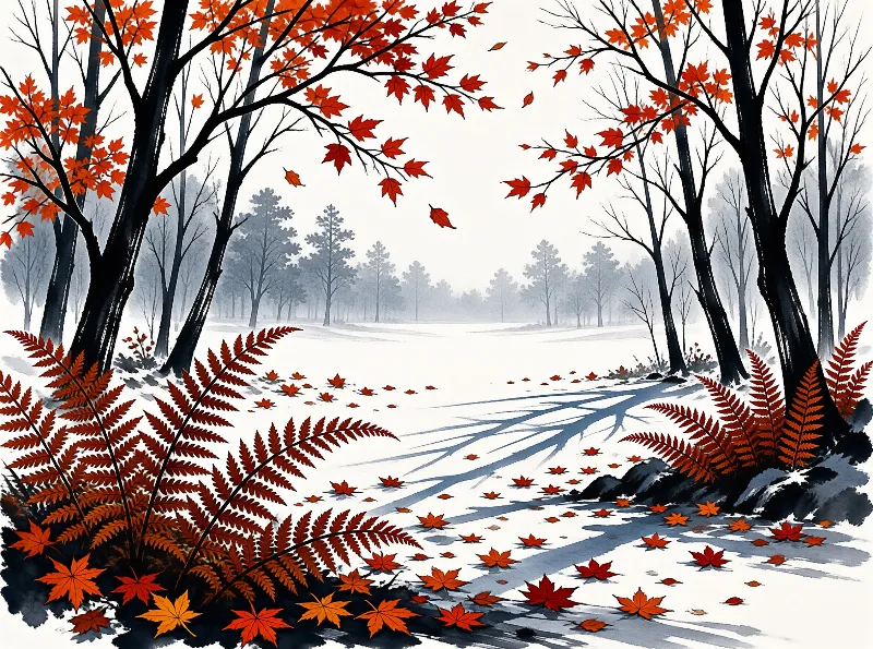 Stylized artwork showing a snow covered forest trail with dark trunks holding red leaves and rusty ferns growing at the base.