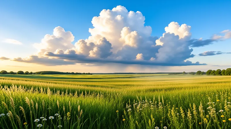 Massive white cumulus clouds dominate the blue sky above a sunlit green field dotted with small wildflowers.
