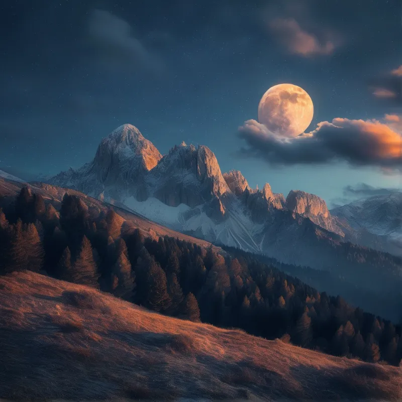 A massive full moon hangs above jagged snow-covered mountain peaks and dark forested slopes during the night.