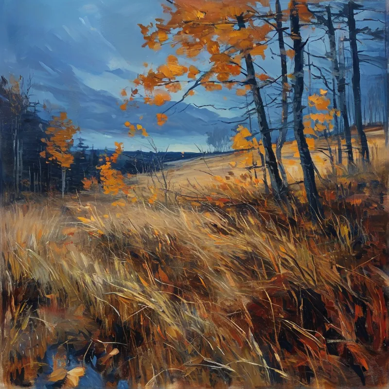 Orange leaves hang from dark trunks above a field of tall golden grass under a textured blue sky.