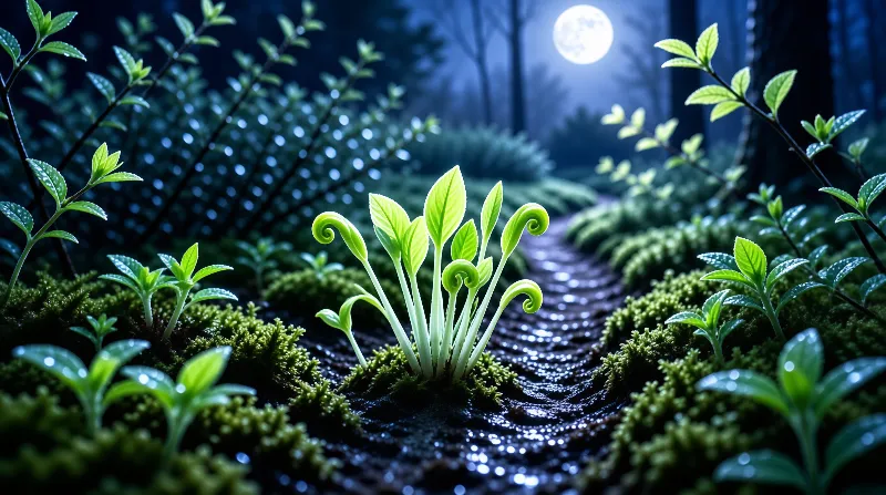 A young fern grows on a wet mossy forest path while a bright full moon illuminates the background trees.