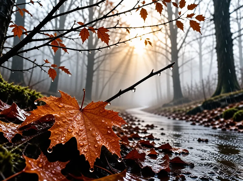 A wet orange maple leaf hangs from a branch above a damp forest path while sunlight streams through the foggy trees.