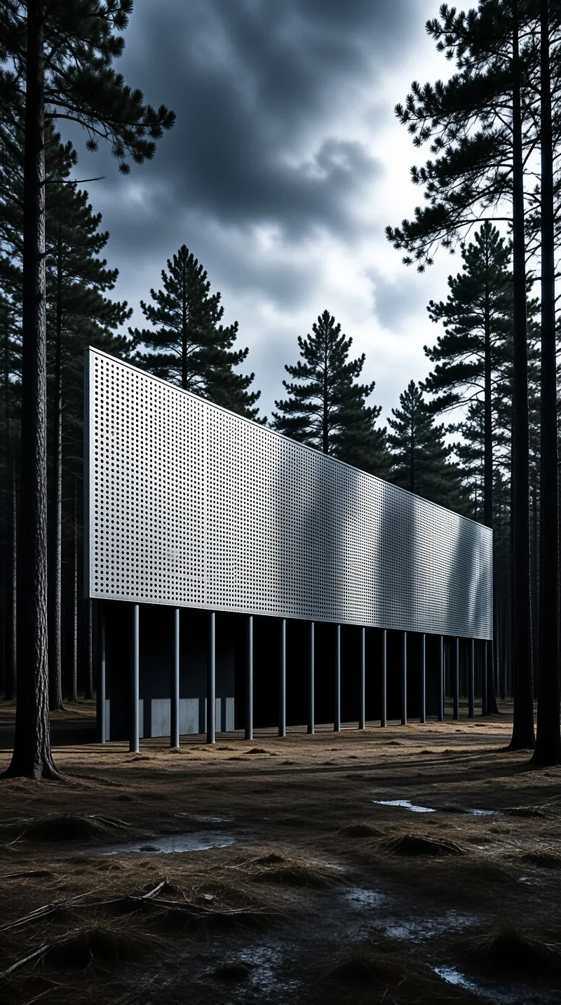 A long perforated metal wall elevated on pillars amidst tall pine trees under a heavy overcast sky.