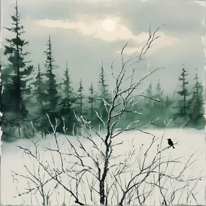 Dark branches frame a snowy landscape with evergreen trees and a small bird under a pale winter sun.