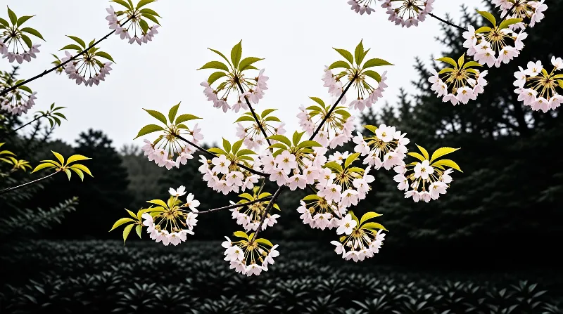 Pink floral clusters on slender branches stand out against a dark green forest background.