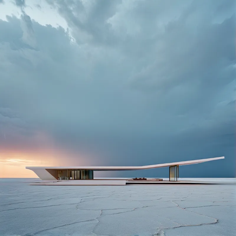 A minimalist white structure sits on cracked salt flats under a heavy blue sky with a warm orange sunset glow.