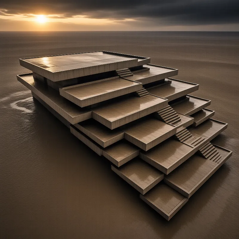 A stepped concrete monument with staircases rests in a calm sea beneath a golden sunset and dark clouds