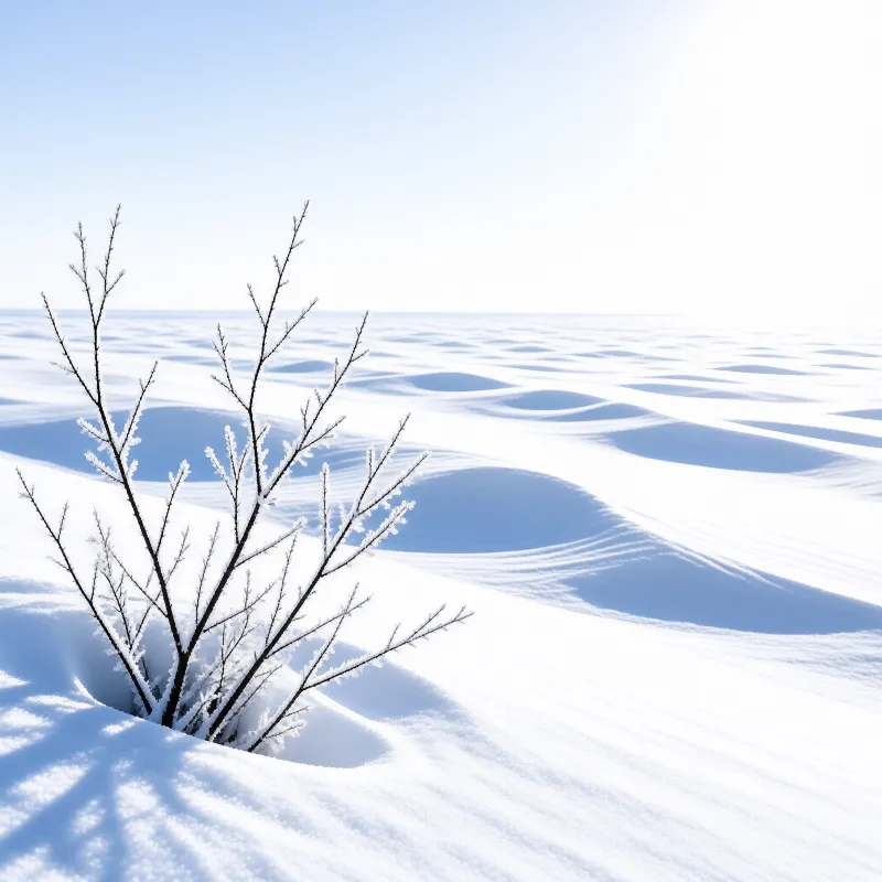 A small bare tree with ice crystals on its branches grows from a drift in an expansive snow-covered plain featuring undulating ridges and soft blue shadows under a clear sky.