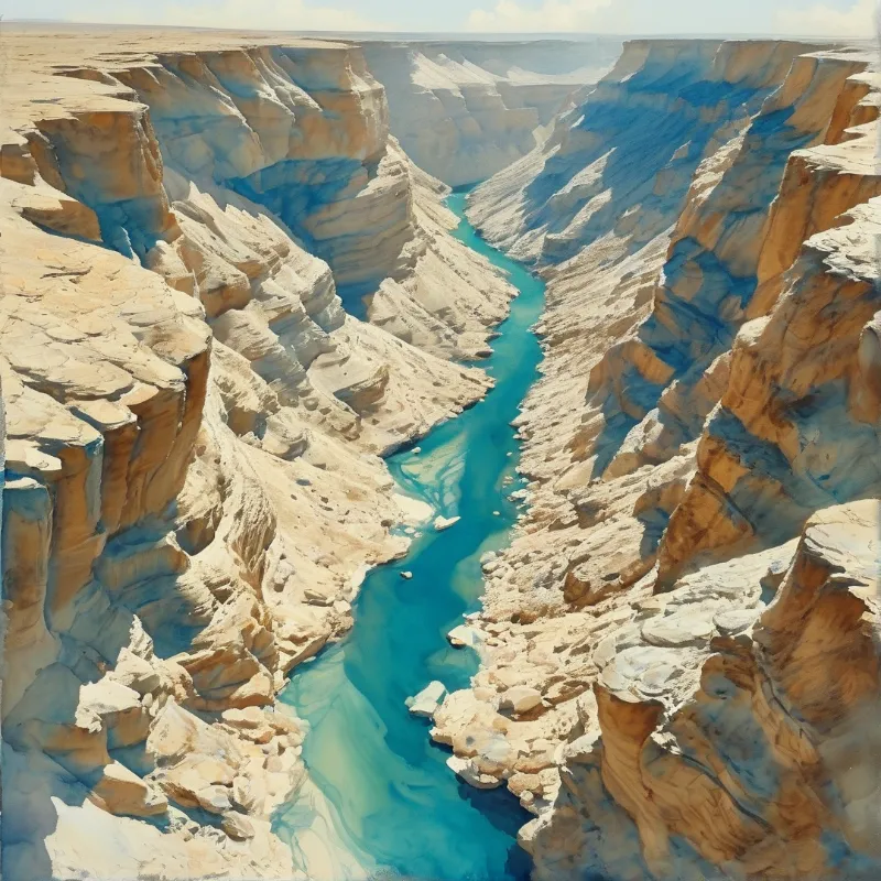 A high angle view of a deep canyon with layered rock walls and a winding turquoise river cutting through the desert landscape.