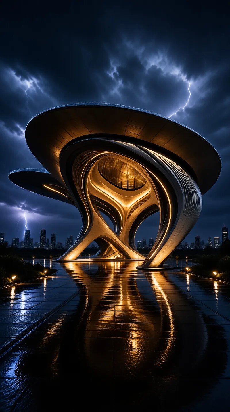 Curved organic pavilion glows warmly inside under storm lightning, reflecting on wet stone plaza before a city skyline.