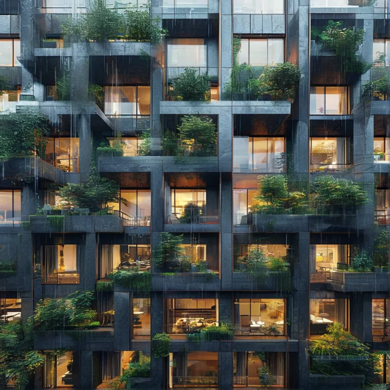 Rainy residential tower has concrete modular balconies with green foliage and warm glowing light in each glass windowed unit.