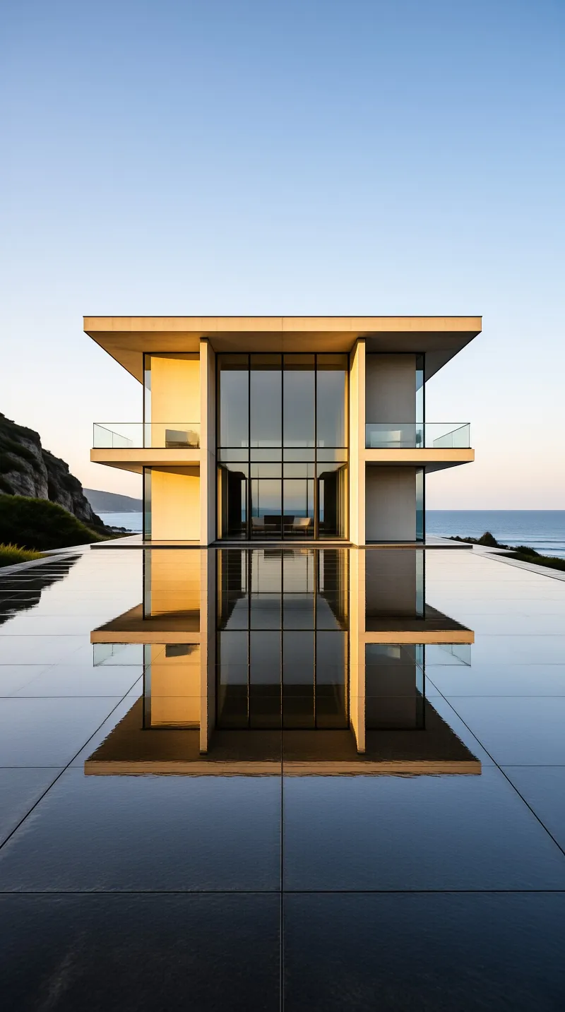 A minimalist geometric house sits on a waterfront edge with its full form mirrored in a still water surface beneath a clear sky.