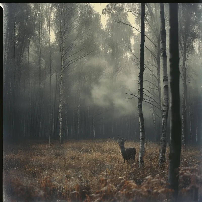 A small deer stands alert in tall brown grass within a foggy birch forest illuminated by soft diffused light.