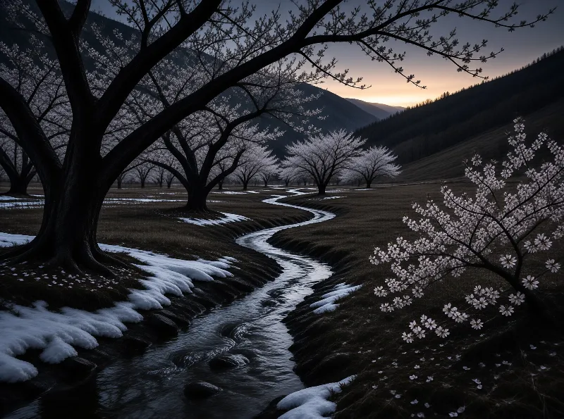A winding stream flows through a field of blooming cherry trees with patches of snow under a fading sunset sky.