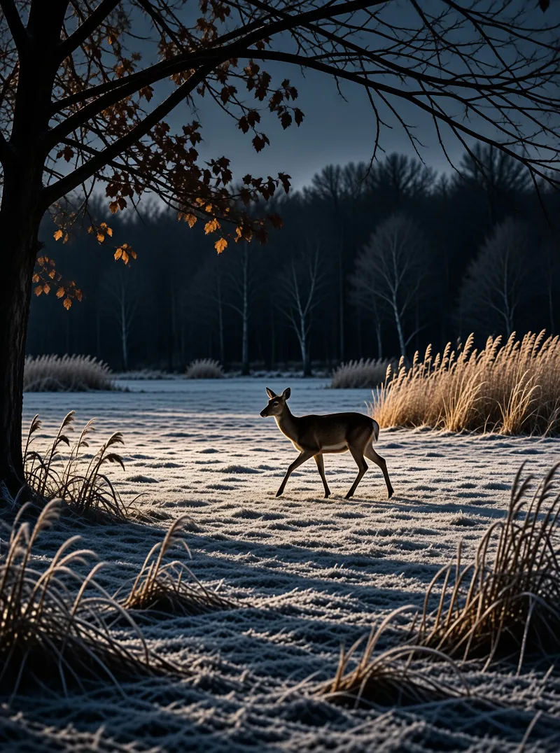 A lone deer strides across a frost covered meadow at dusk, warm light catches its fur, dark trees frame the scene.