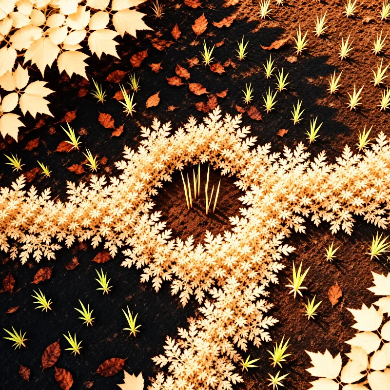 Pale golden fern fronds form a curved ridge over black earth scattered with maple leaves and green shoots.
