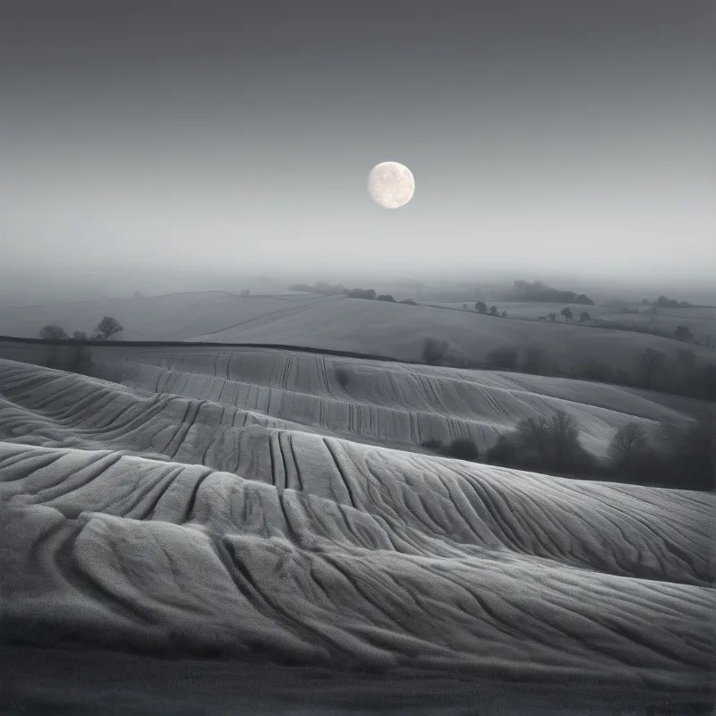 Grey monochrome rolling fields show every plough line as pale ridges fading into mist beneath a small bright full moon.