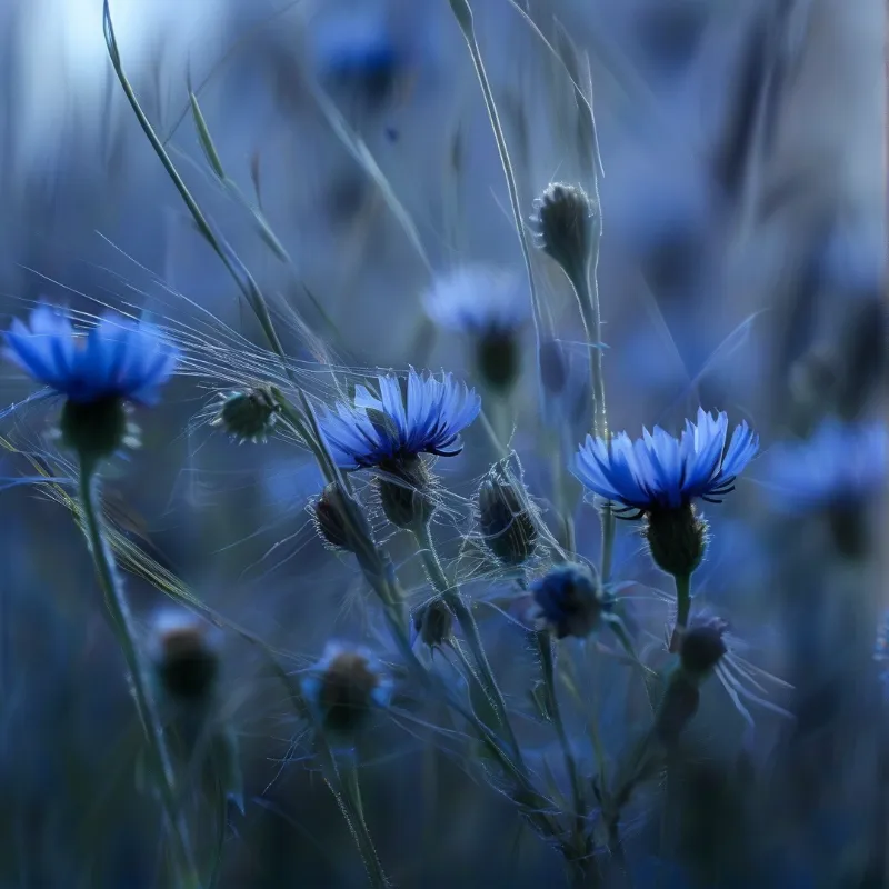 Delicate blue wildflowers stand among thin strands of spider silk under cool blue lighting.
