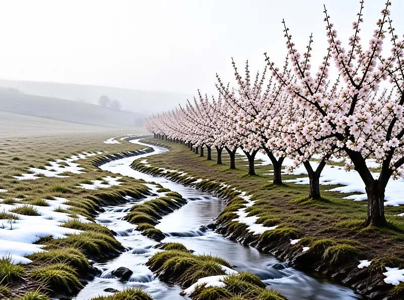 Pink flowering trees line a winding stream where patches of snow still linger on the grassy banks