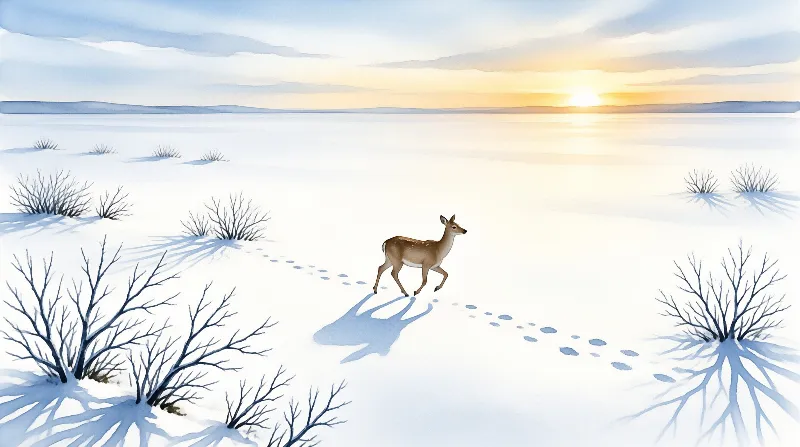A solitary deer trots through snow leaving footprints as the sun sets behind bare winter bushes casting long blue shadows.
