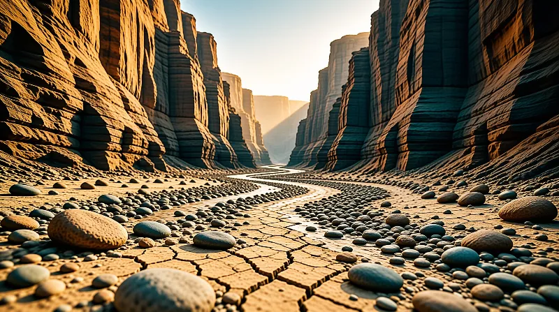 A narrow stream meanders across a cracked dry riverbed surrounded by steep stratified cliffs illuminated by warm morning light.