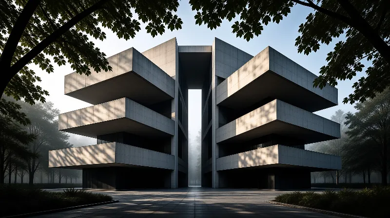 Two mirrored concrete wings rise in stepped slabs with a bright misty gap glowing between them.