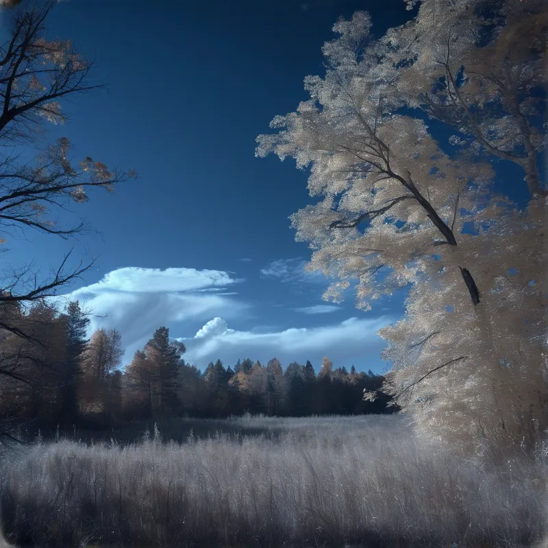 A landscape shows frost-covered trees on the right overlooking a mist-filled field of grass and a distant pine forest under a deep blue sky dotted with pale clouds.