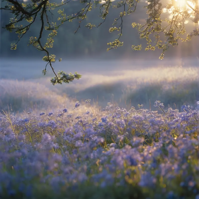 Sunlit Misty Flower Field