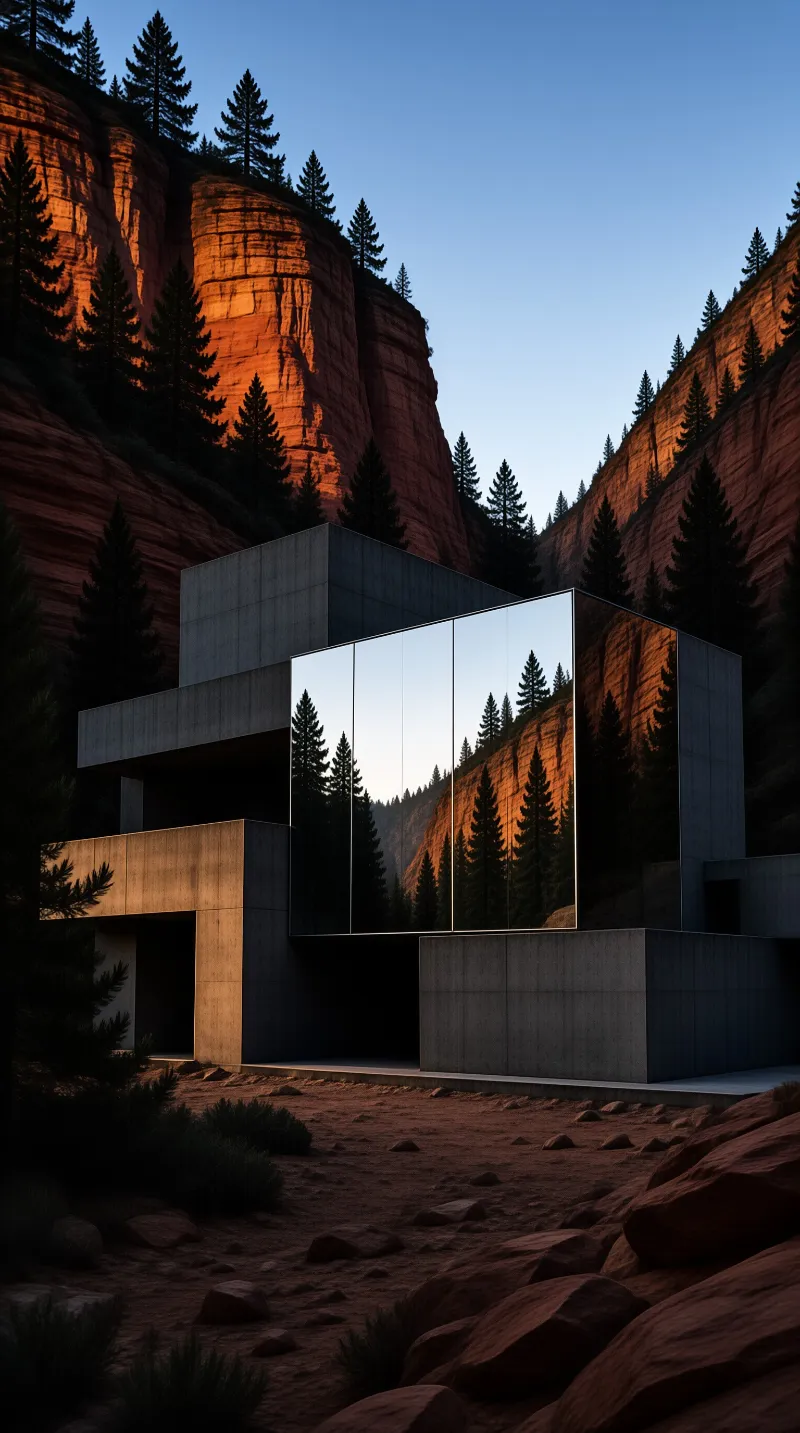 A geometric concrete structure stands in a rocky valley surrounded by pine trees under a twilight sky.