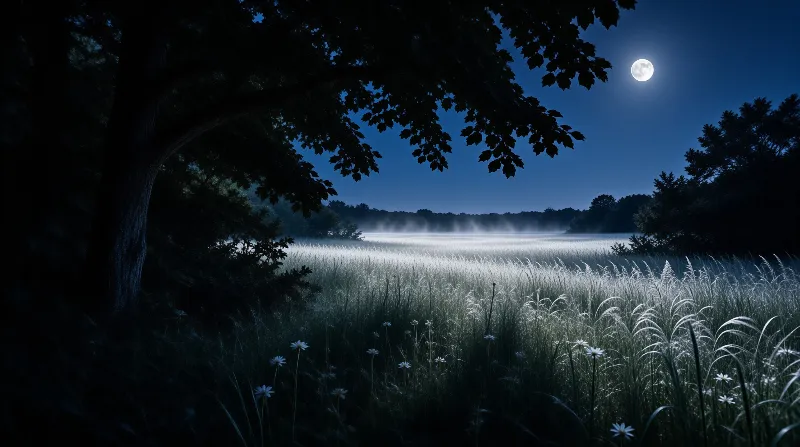 Dark tree branches frame a glowing misty field reflecting bright moonlight in the deep blue night sky.