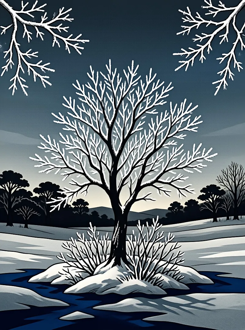 A solitary frost covered tree stands in a snowy field under a dark blue twilight sky with overhanging branches.