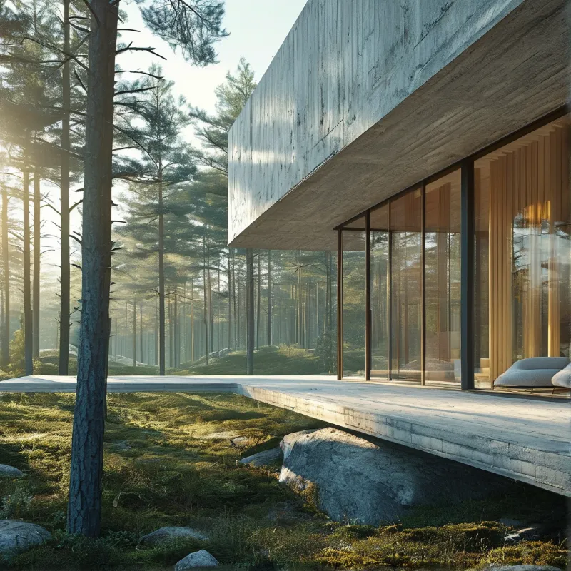 A concrete house with floor to ceiling glass walls sits over mossy boulders among tall pine trees in hazy morning sunlight.