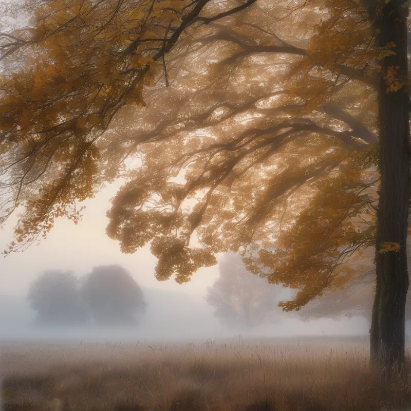 Golden leaves hang from sweeping limbs above a meadow lost in pale mist, with faint tree shapes fading into the haze