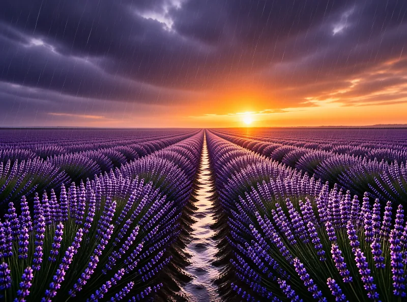 Rows of purple flowers stretch toward a glowing horizon while rain falls across the sky.