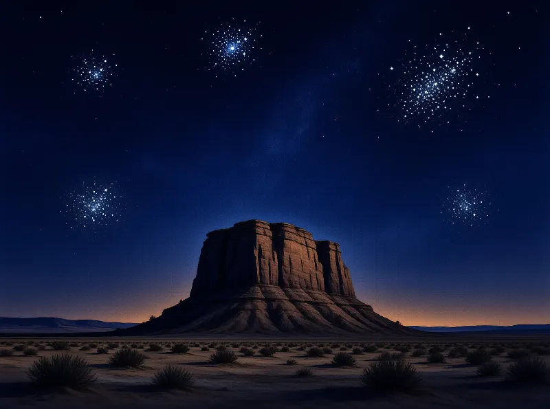A massive butte rises from the desert floor beneath a deep blue night sky scattered with bright star clusters.