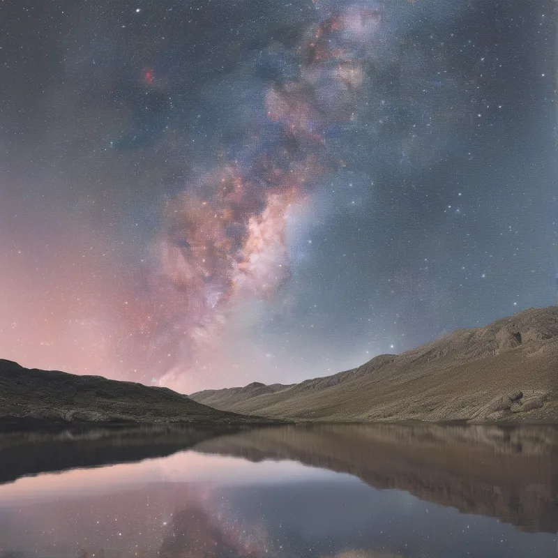 A starry night sky with the Milky Way reflected in a calm lake surrounded by dark mountains.