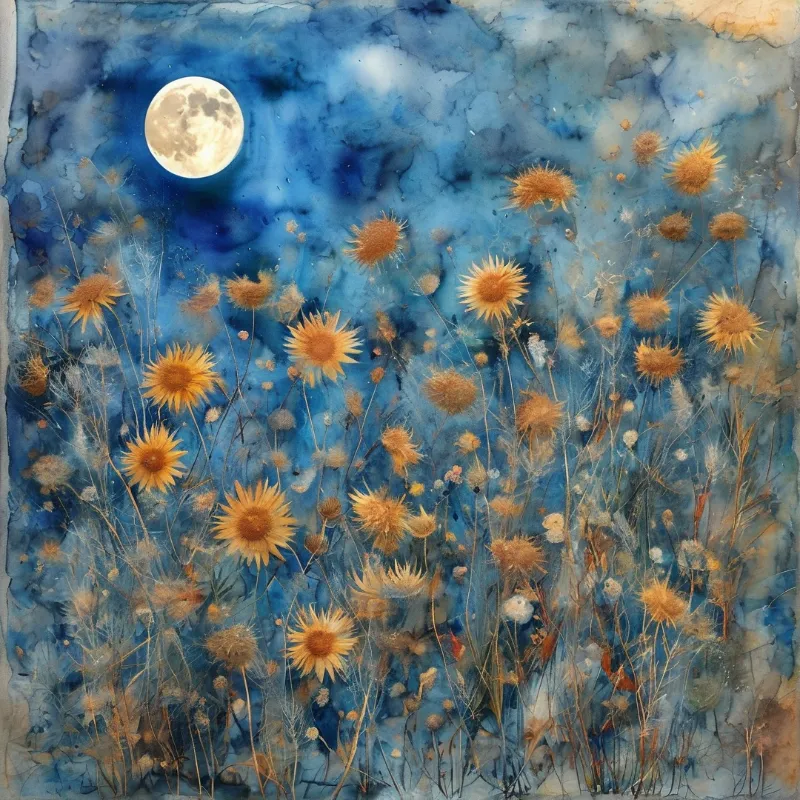 Golden dried thistle blooms sway across a deep blue watercolor night sky dotted with soft clouds below a bright full moon