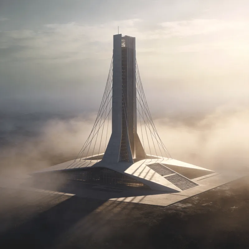 Tower with Tensile Structure — Foggy Morning