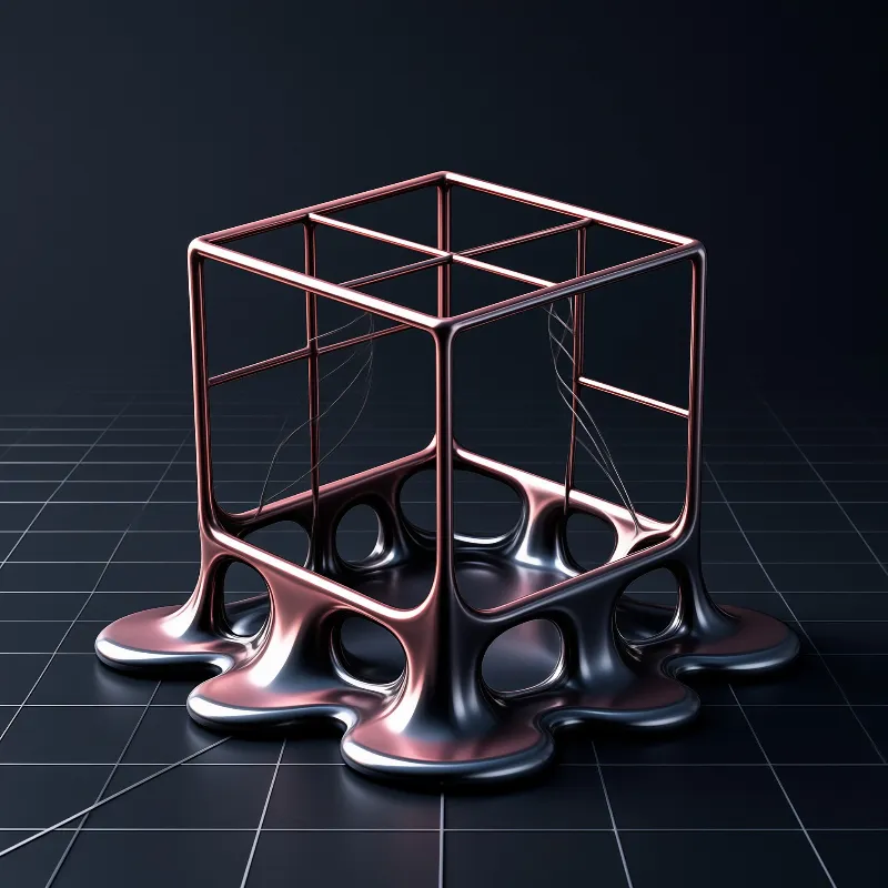 A rose gold wireframe cube dissolves into molten pools across a dark floor marked with a perspective grid.