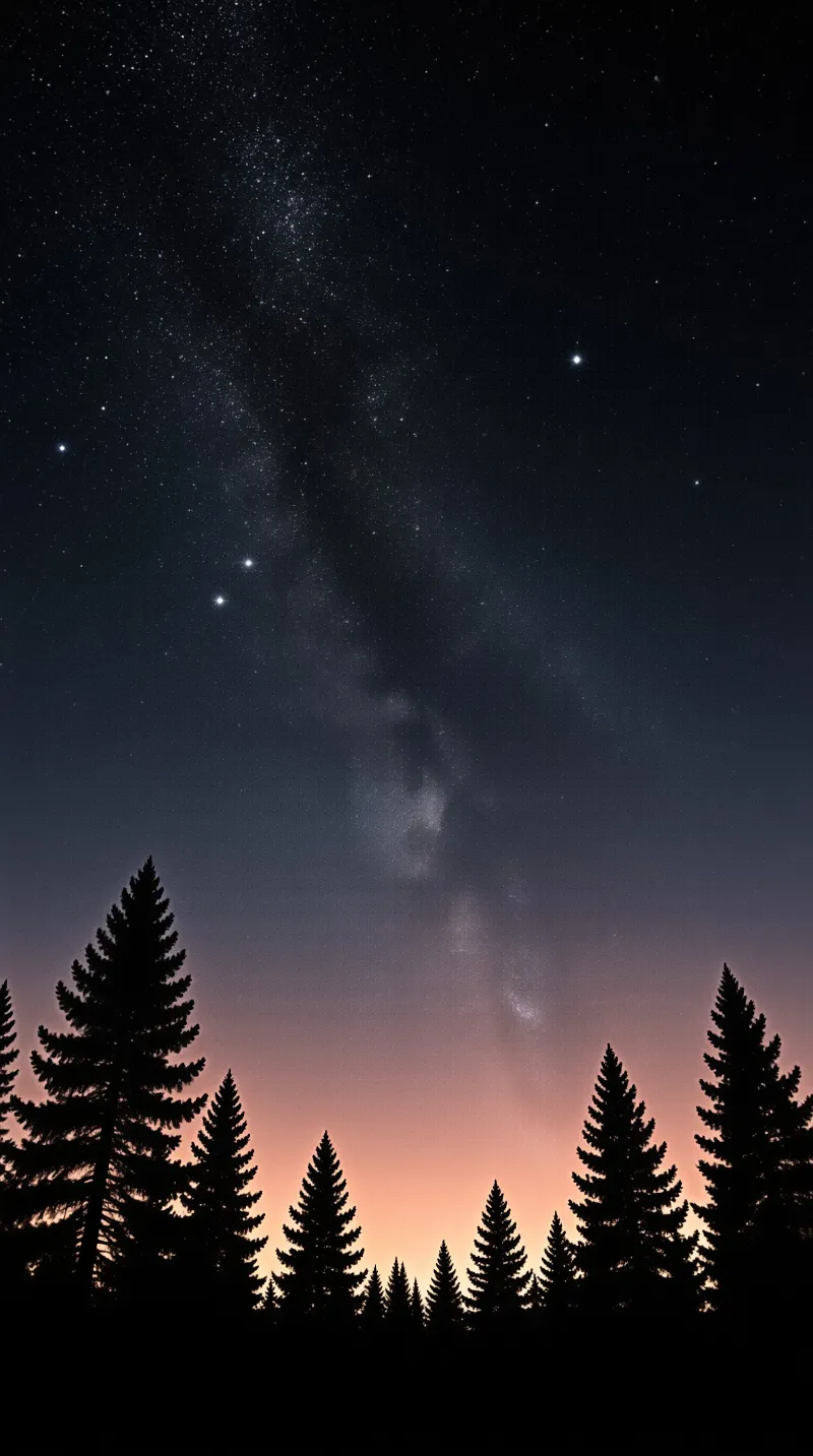 Dark pine trees silhouette against a starry night sky featuring the Milky Way and an orange horizon glow.