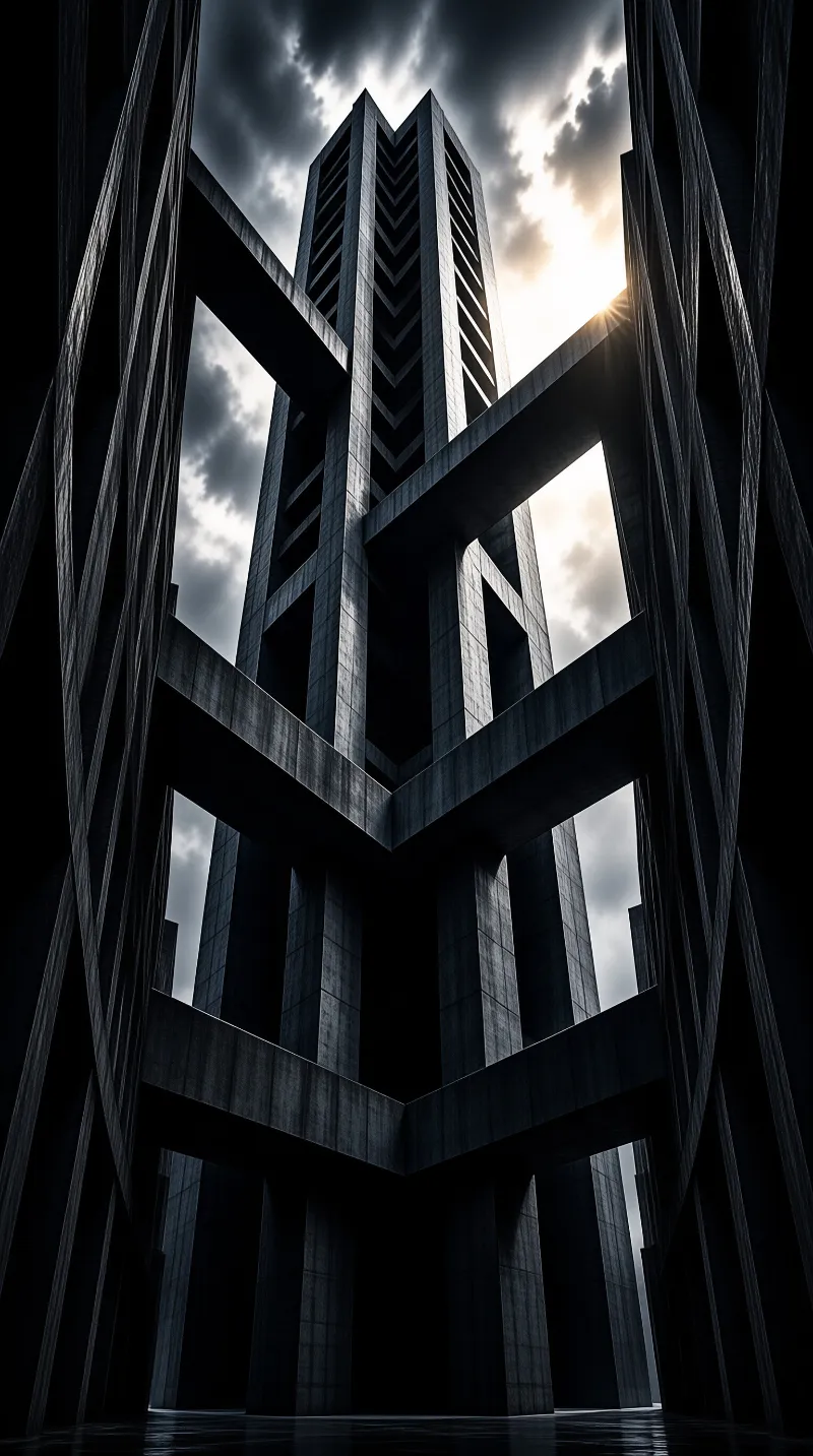 A massive monolithic building features repeating geometric frames and vertical columns against heavy storm clouds with a bright sunburst.